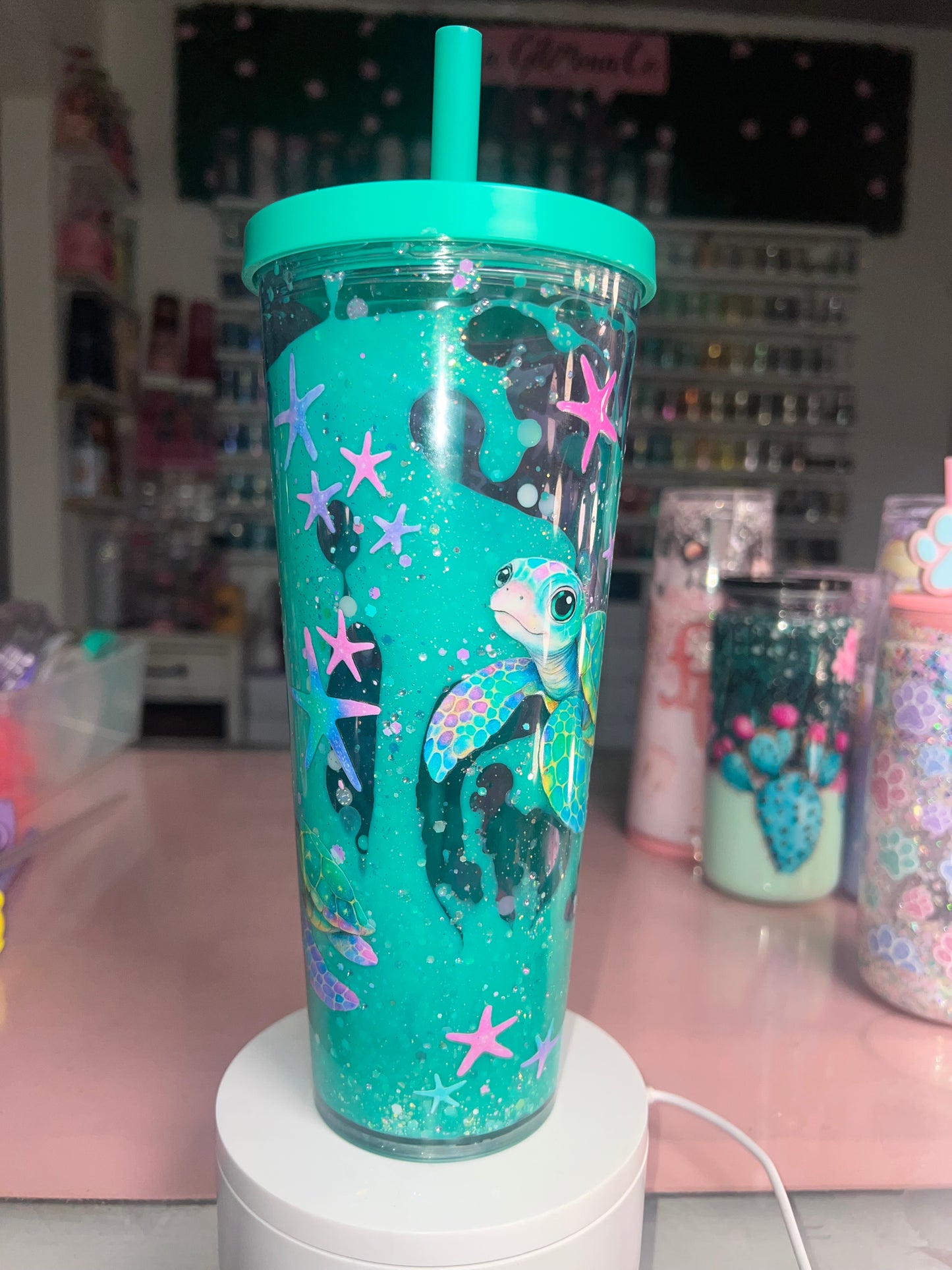 24oz Acrylic Boba Bubble Snow Globe Leak Tumbler w/Color Lid and Straw-Ocean Baby Turtle