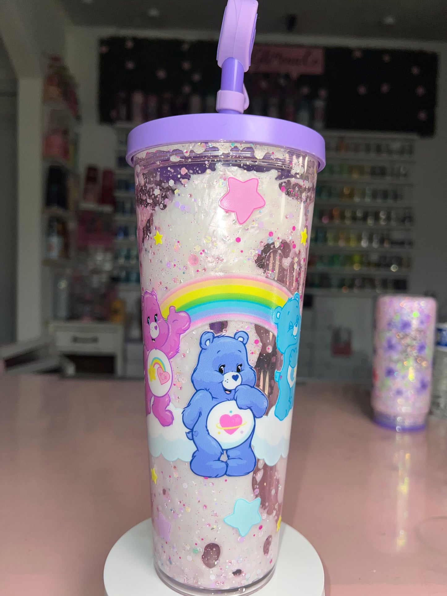 24oz Acrylic Boba Bubble Snow Globe Leak Tumbler w/Color Lid and Straw-Care Bear Dreams