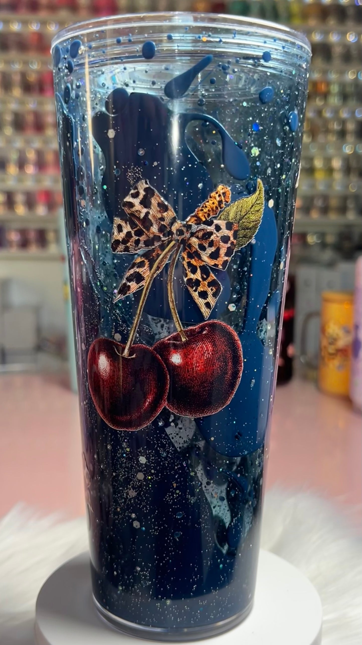24 oz Acrylic Double-Wall Snow Globe Tumbler — Blue Cherries
