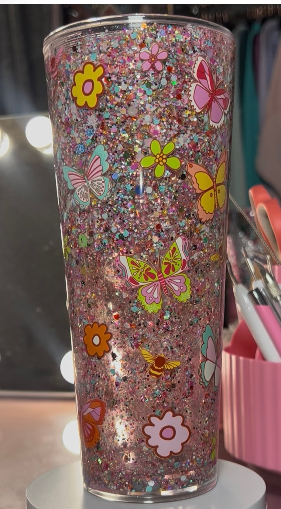24 oz Acrylic Double-Wall Snow Globe Tumbler--Butterfly Dream (Waterfall)