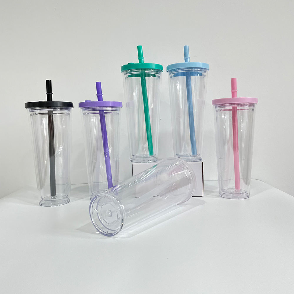 24oz Acrylic Boba Bubble Snow Globe Leak Tumbler w/Color Lid and Straw (Style 2)