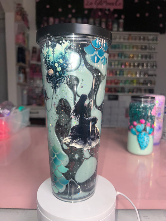 24oz Acrylic Boba Bubble Snow Globe Leak Tumbler w/Color Lid and Straw- Midnight Mermaid