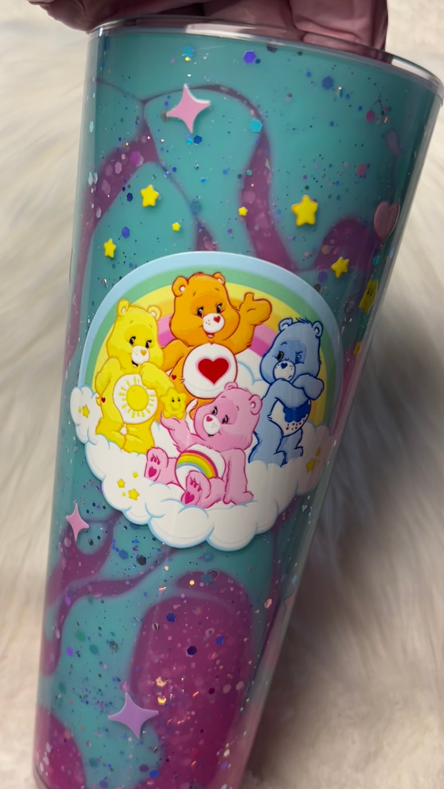 24oz Acrylic Snow Globe Funnel Tumbler -- Care Bear Cloud Crew (pre-made)