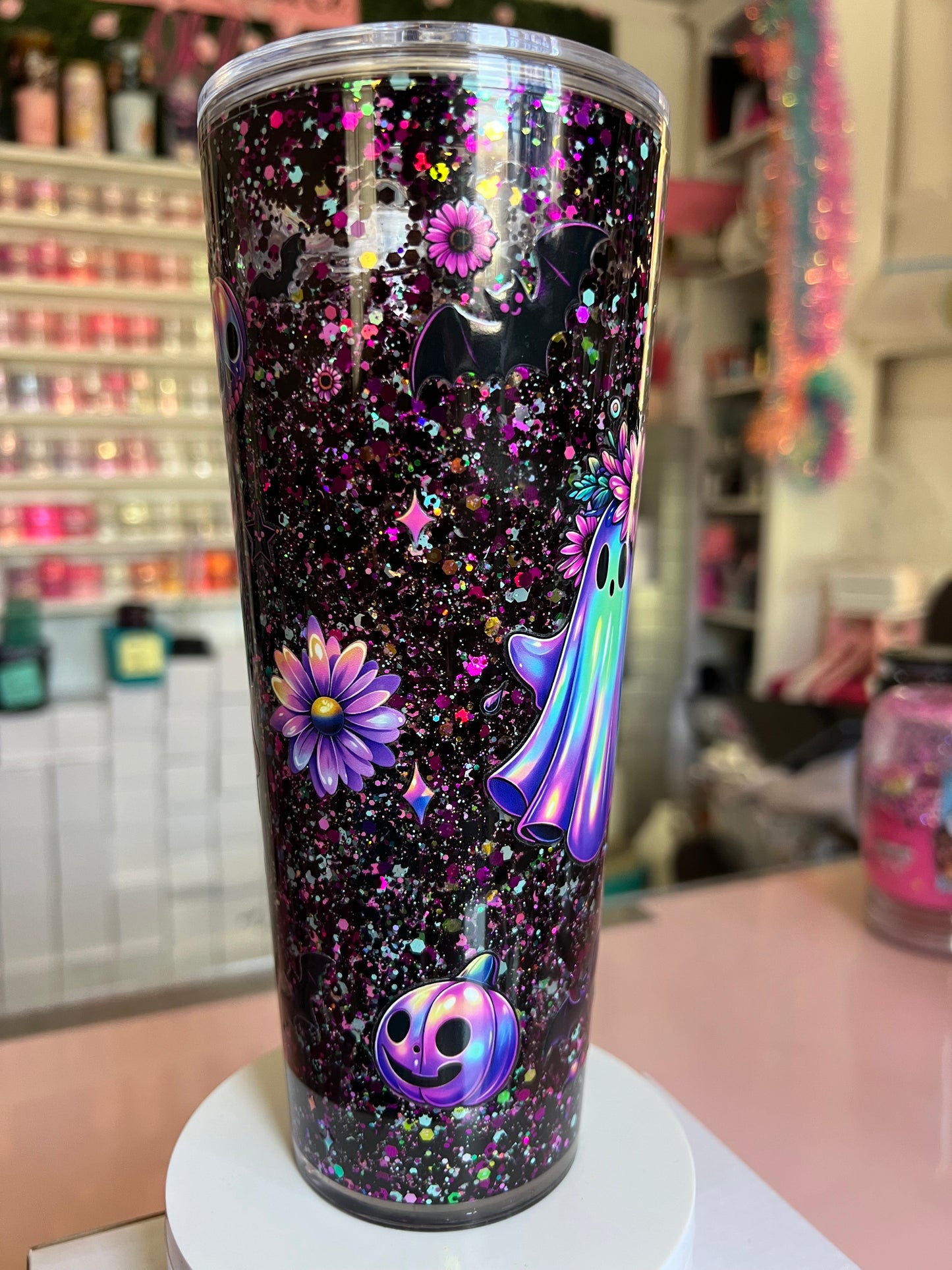 24 oz Acrylic Double-Wall Snow Globe Tumbler-Holo Spooky Ghost (suspended flow)