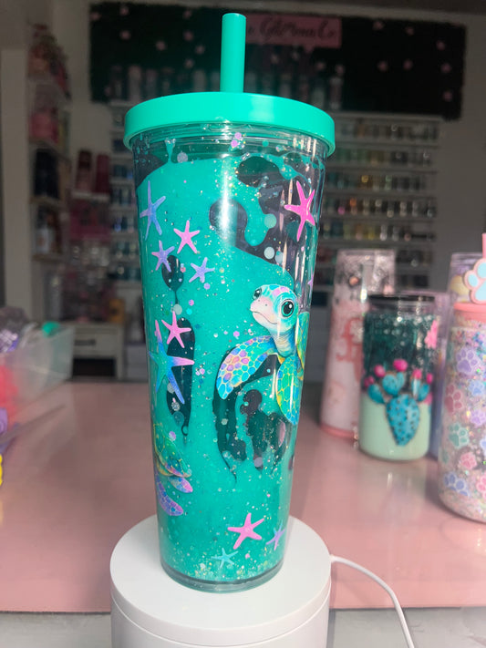 24oz Acrylic Boba Bubble Snow Globe Leak Tumbler w/Color Lid and Straw-Ocean Baby Turtle