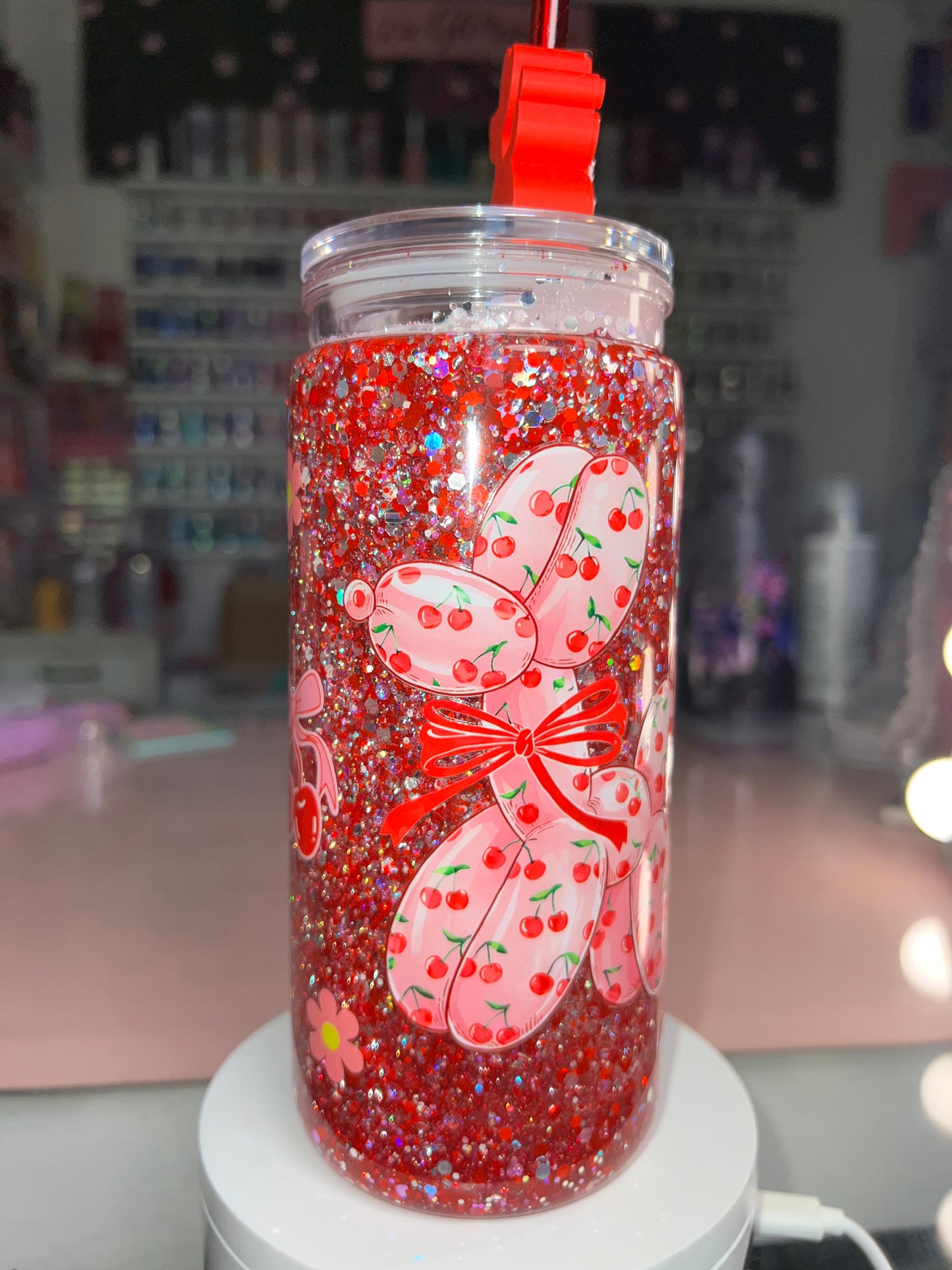 20 oz Acrylic Snow Globe Tumbler- Cherry Balloon Dog w/Straw Topper