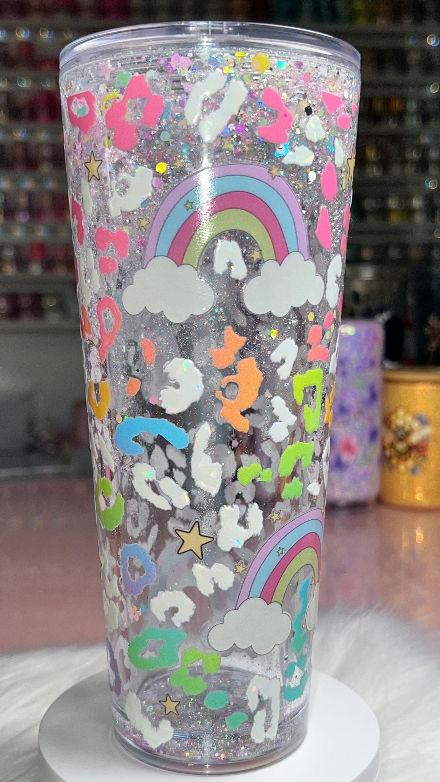 24 oz Acrylic Double-Wall Snow Globe Tumbler - Rainbow Leopard (water-fall)