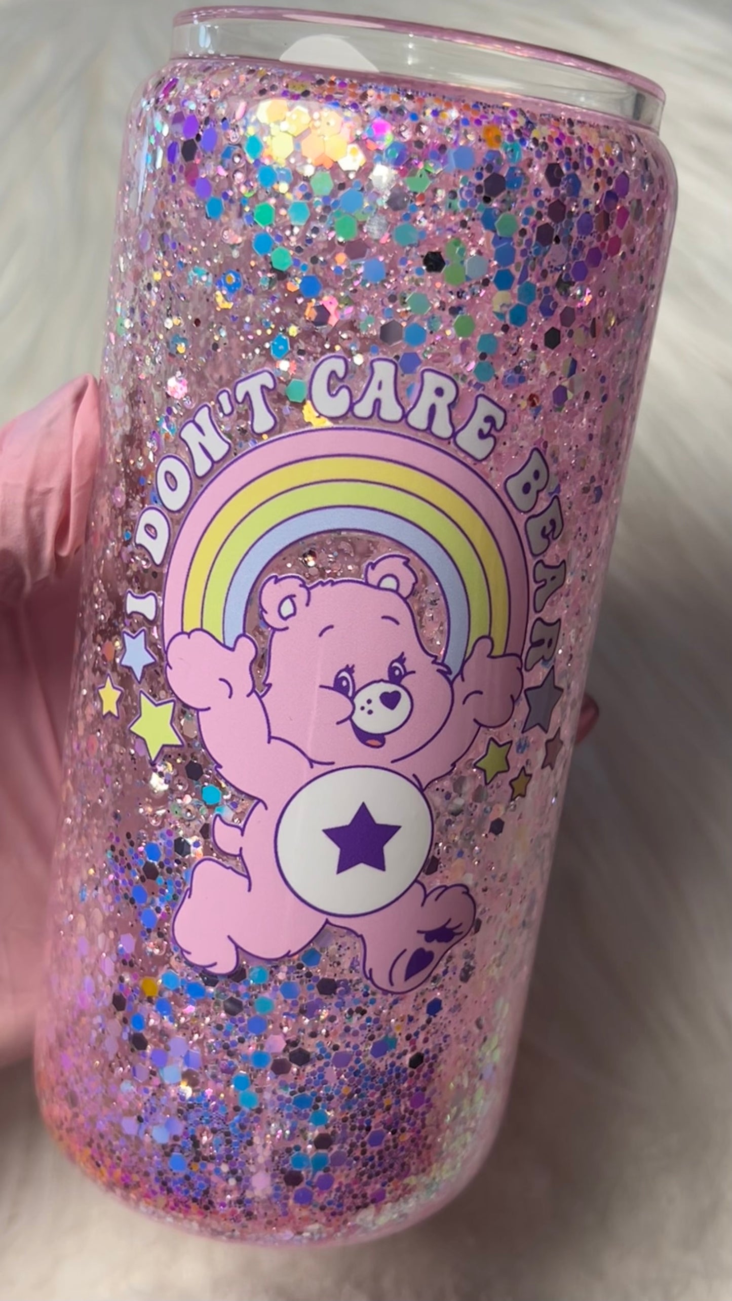 20oz Glass Snow Globe Tumbler -- Don’t Care Bear (pre-made)