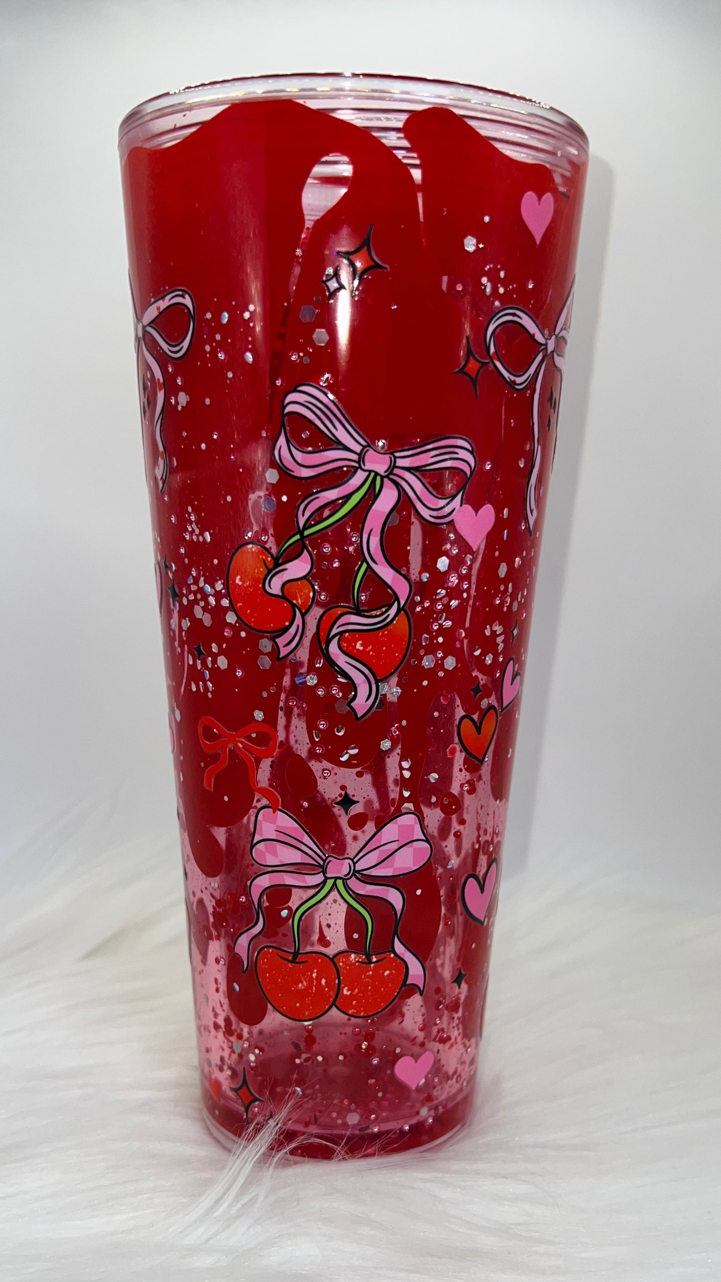24 oz Acrylic Double-Wall Snow Globe Tumbler —Cherry Bow