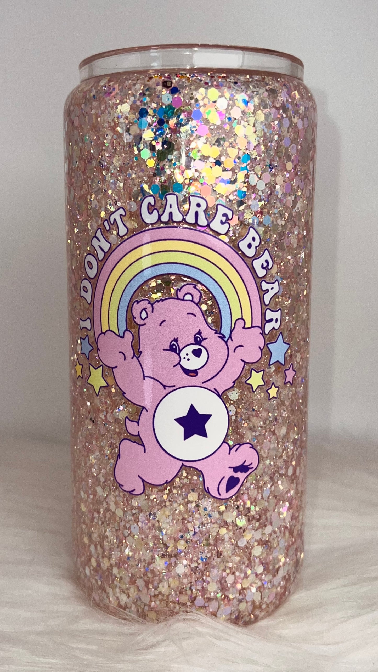 20oz Glass Snow Globe Tumbler -- Don’t Care Bear (pre-made)
