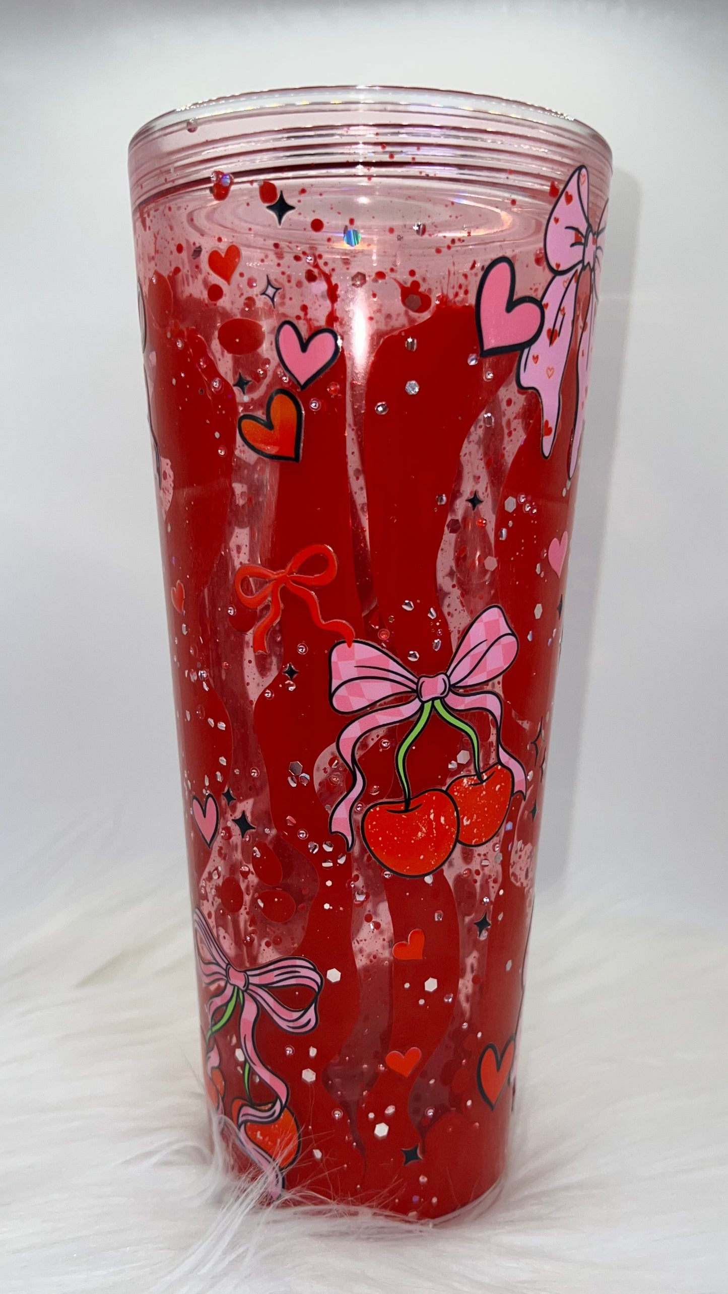 24 oz Acrylic Double-Wall Snow Globe Tumbler —Cherry Bow