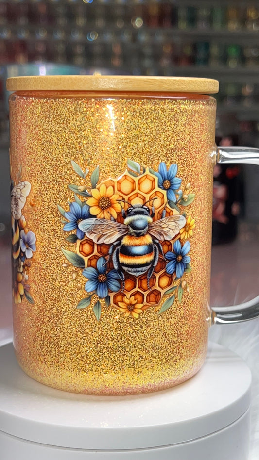 16 oz Glass Snow Globe Mug - Golden Bee (poly-acrylic / dry cup)