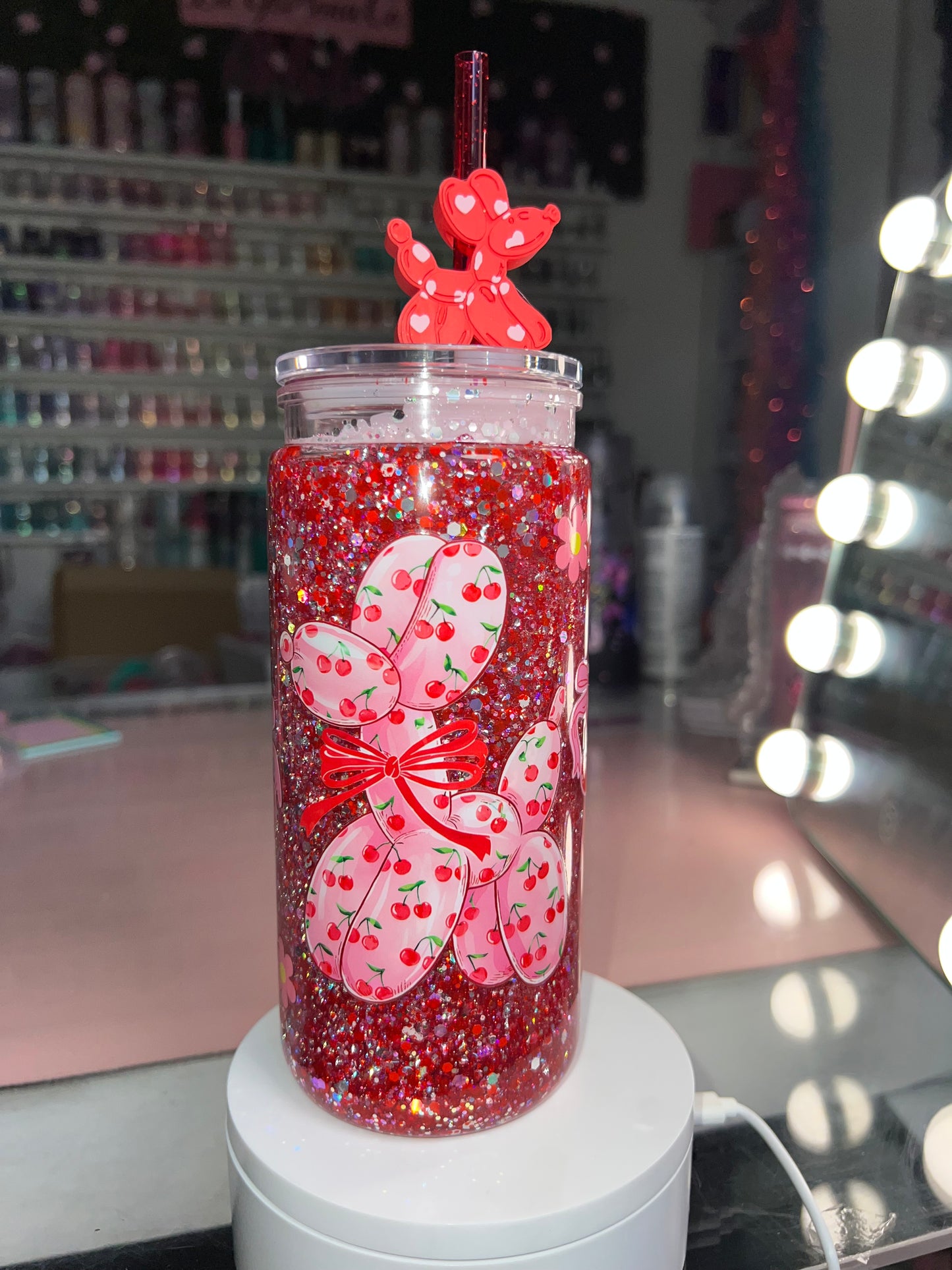 20 oz Acrylic Snow Globe Tumbler- Cherry Balloon Dog w/Straw Topper