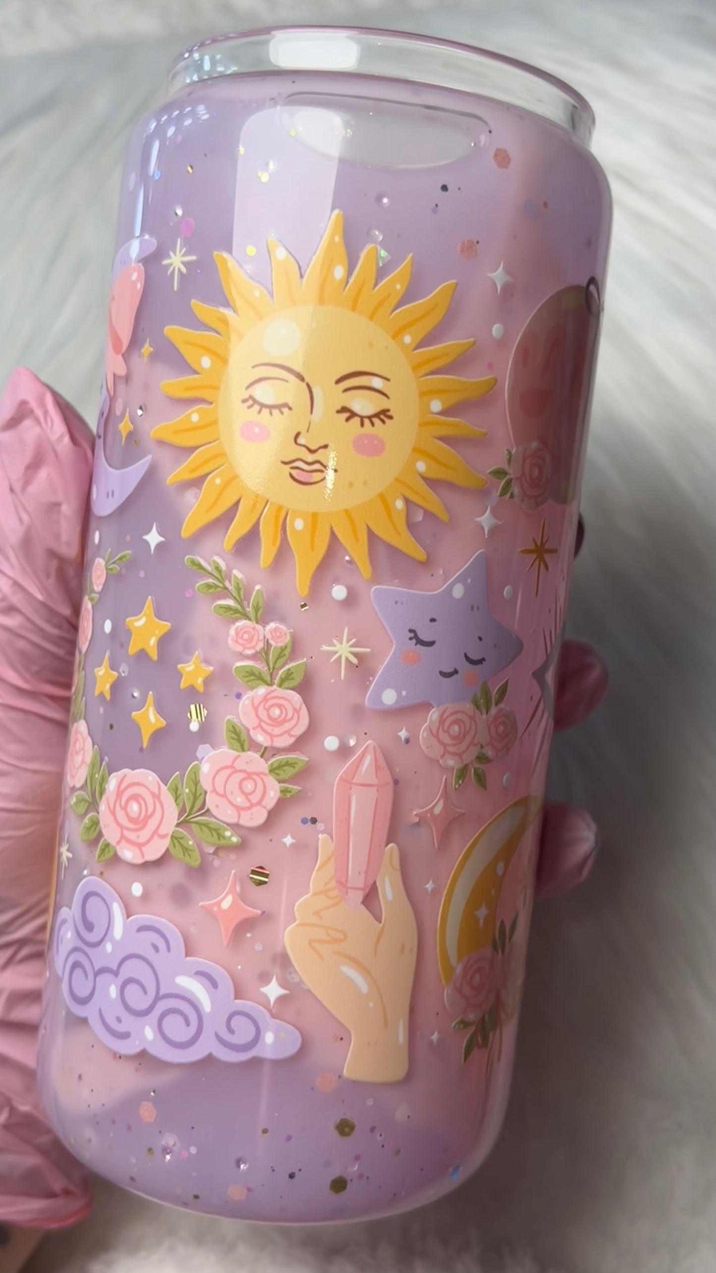 20oz Glass Snow Globe Tumbler -- Soft Girl Universe (pre-made)