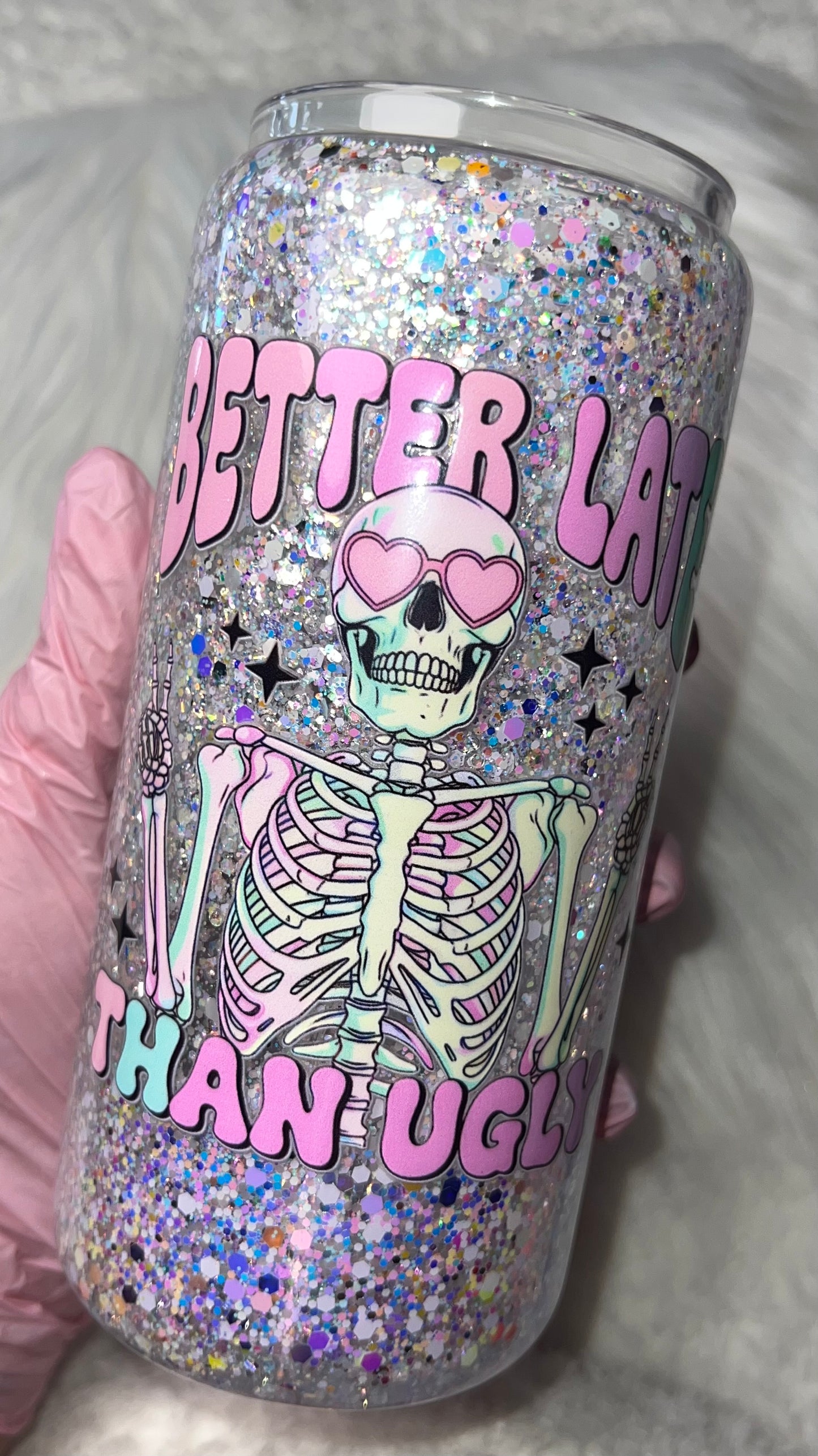 20oz Glass Snow Globe Tumbler -- Better Late than Ugly (pre-made)