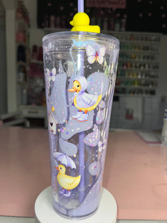 24 oz Acrylic Double-Wall Snow Globe Tumbler-Rainy Day Ducks w/Straw Topper