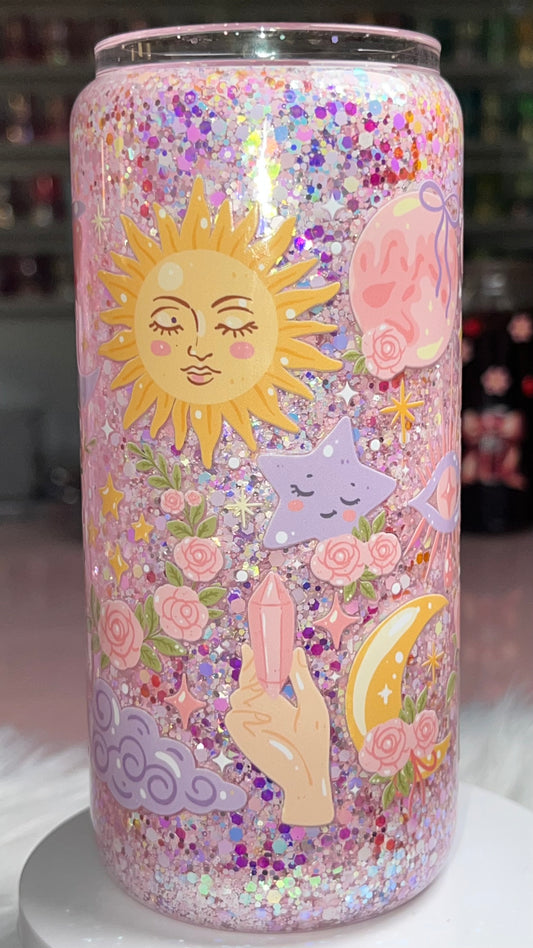 20 oz Glass Double-Wall Snow Globe Tumbler - Sun, Moons, Stars (suspended)
