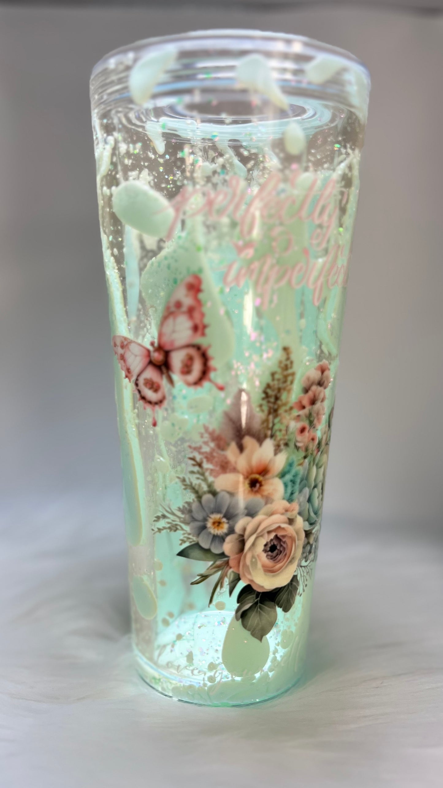 24 oz Acrylic Double-Wall Snow Globe Tumbler — Minty Rose