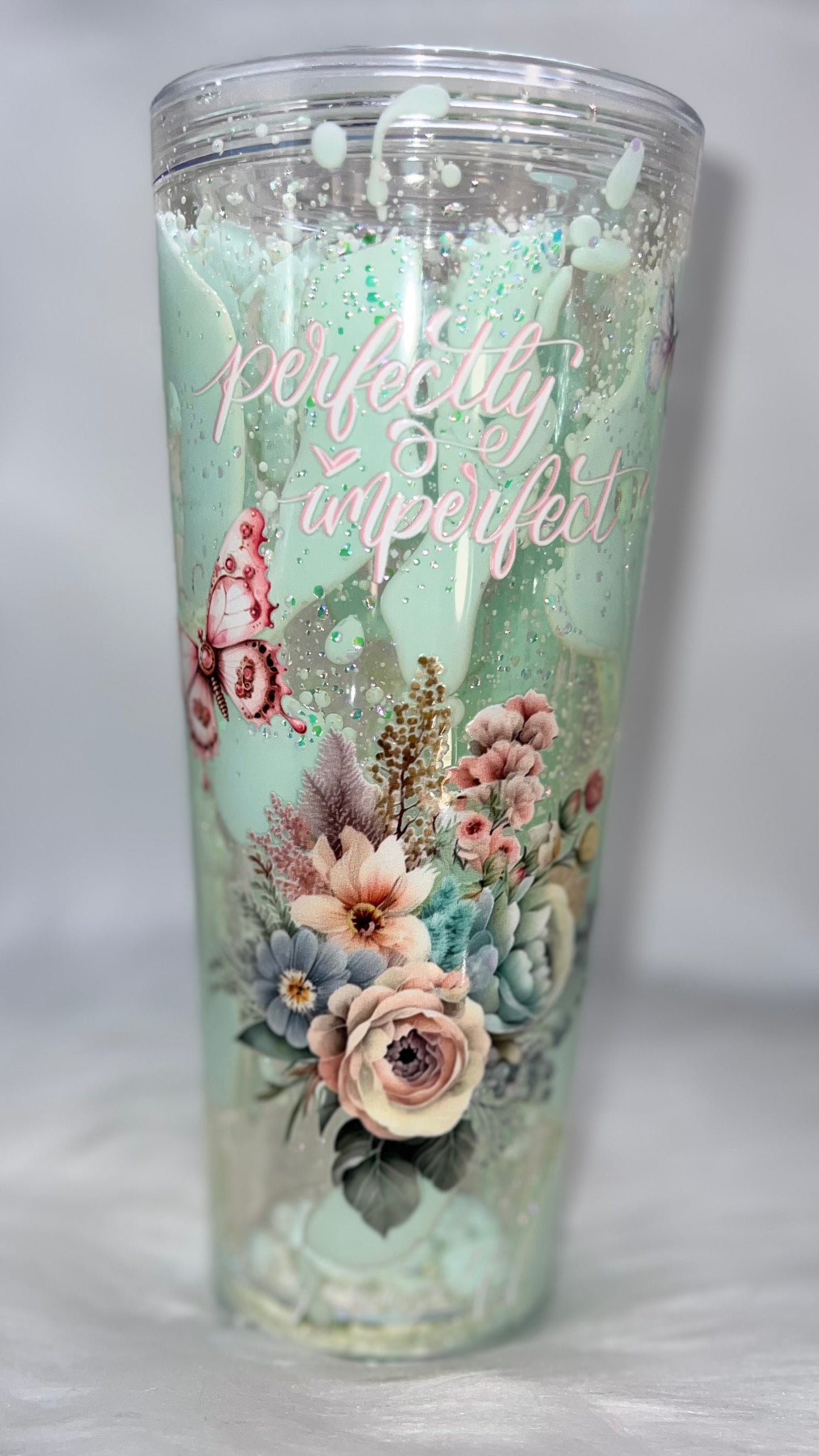 24 oz Acrylic Double-Wall Snow Globe Tumbler — Minty Rose
