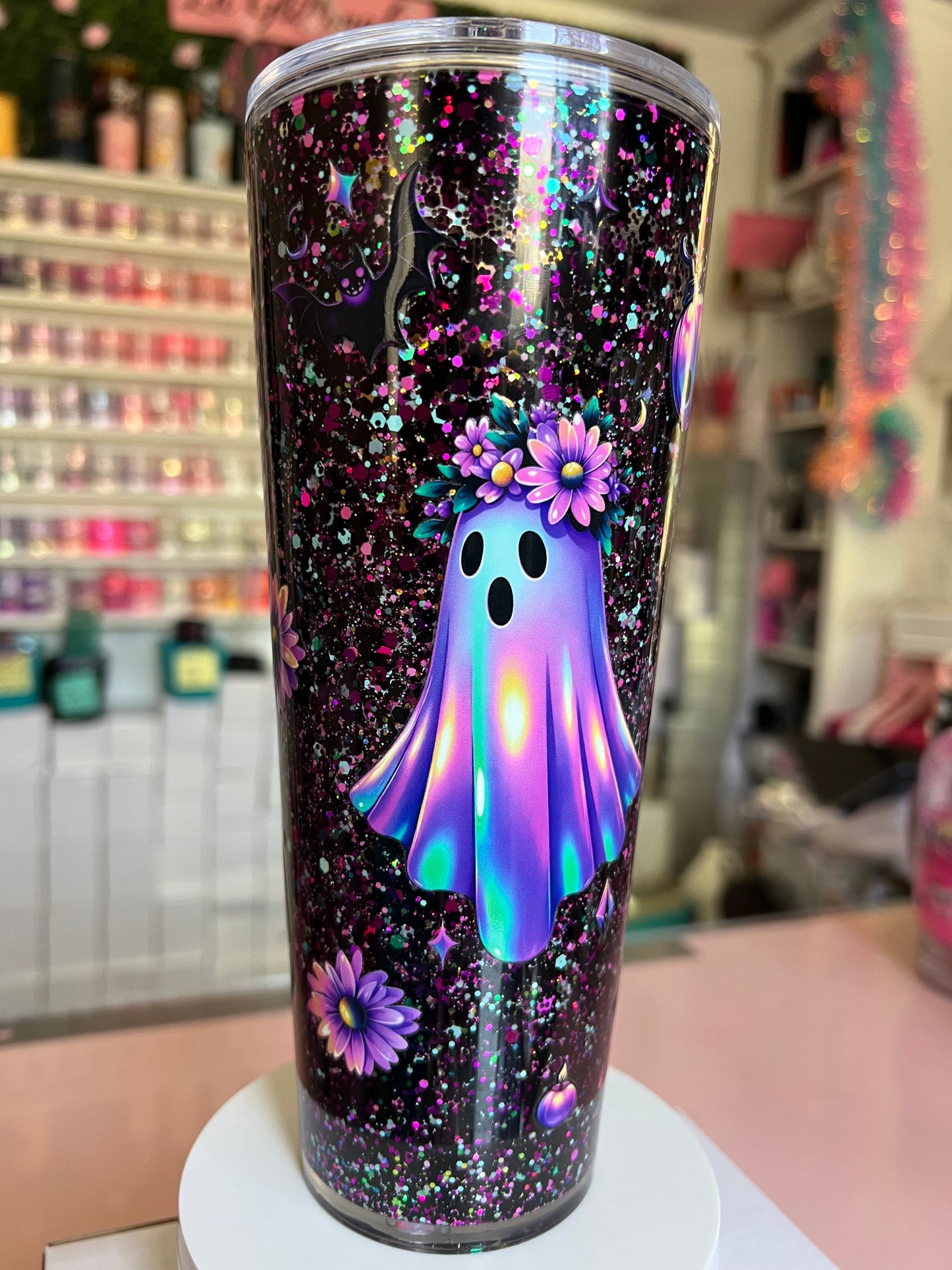 24 oz Acrylic Double-Wall Snow Globe Tumbler-Holo Spooky Ghost (suspended flow)