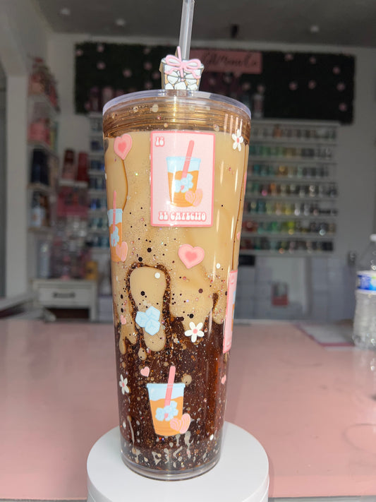 24 oz Acrylic Double-Wall Snow Globe Tumbler-Iced Coffee Cutie w/Straw Topper