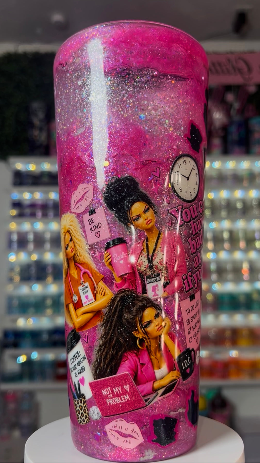 24oz Acrylic INK DROP Snow Globe Tumbler- CrashOut Barbie WORK