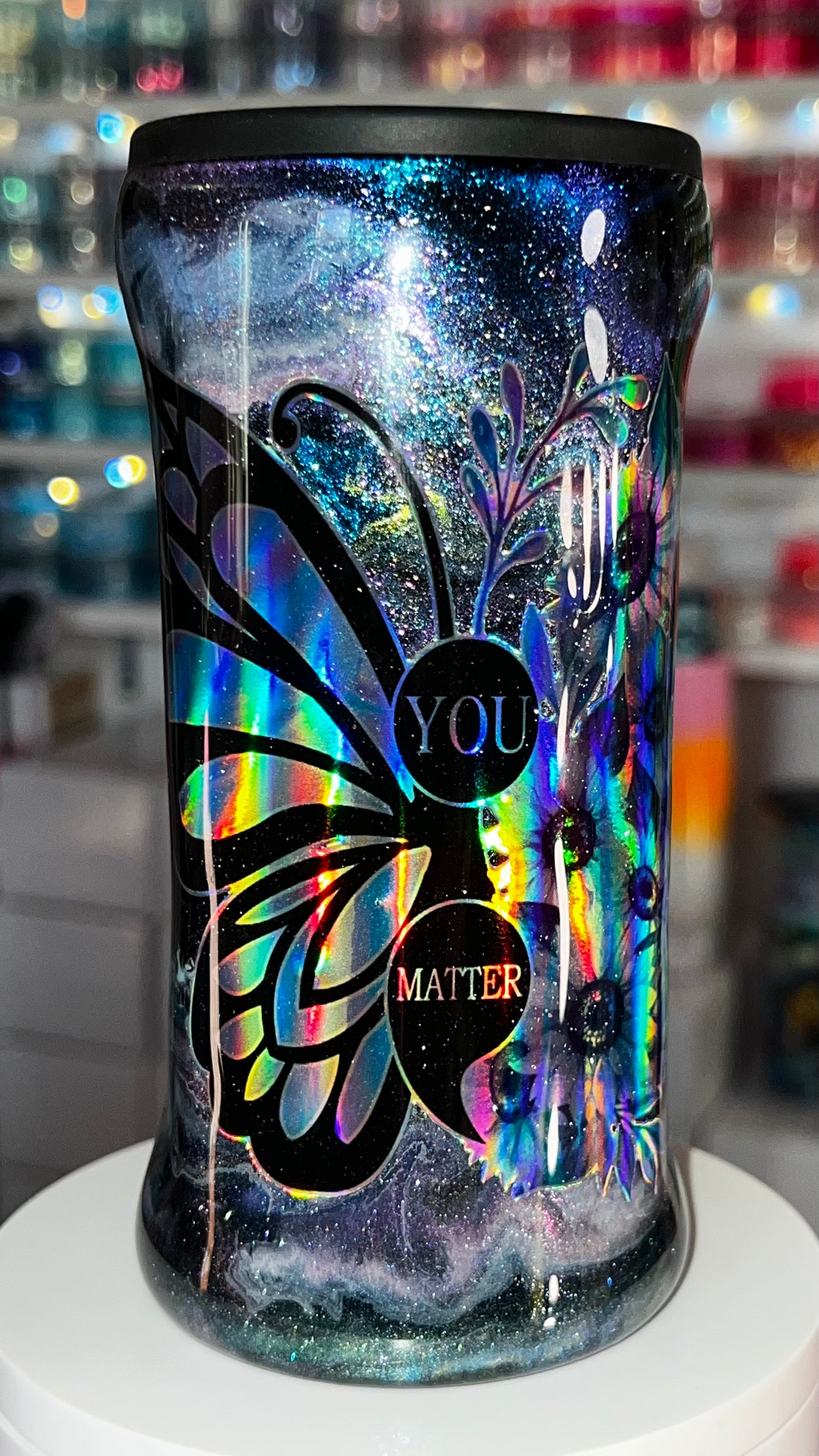 12oz Stainless Steel— EPOXY Slim Koozie: Holo Butterfly