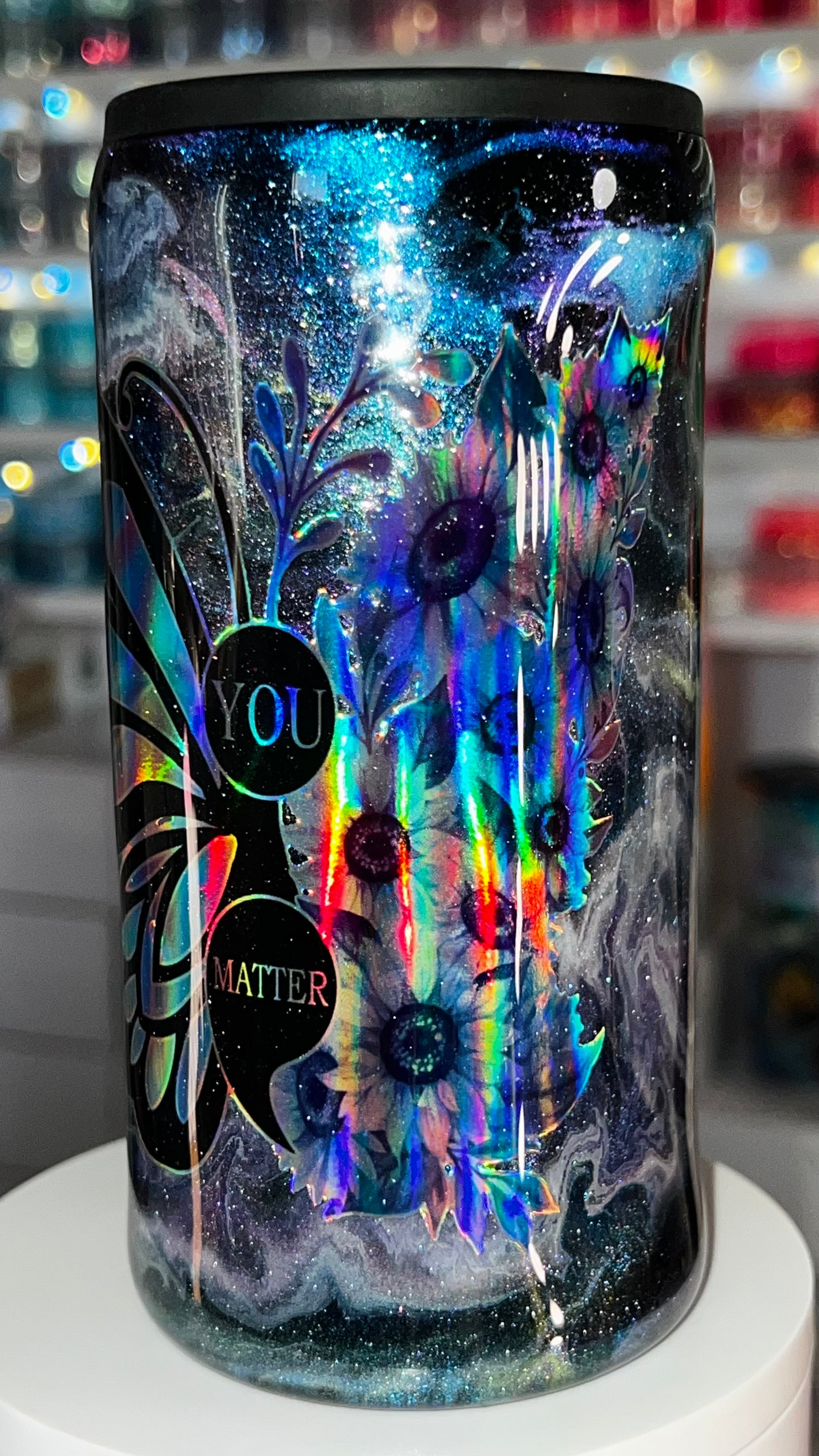 12oz Stainless Steel— EPOXY Slim Koozie: Holo Butterfly