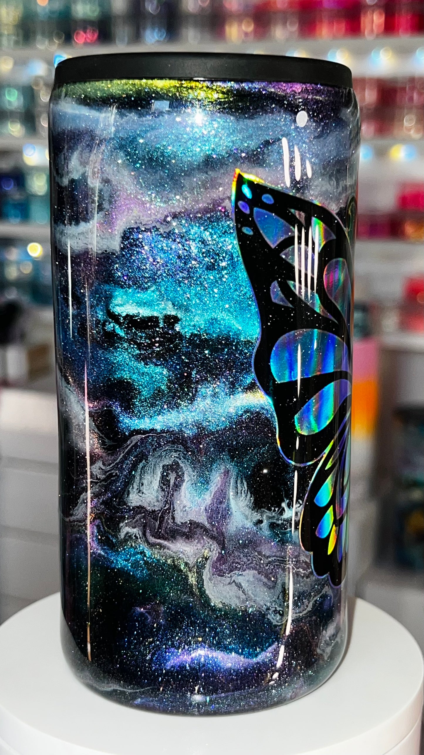 12oz Stainless Steel— EPOXY Slim Koozie: Holo Butterfly