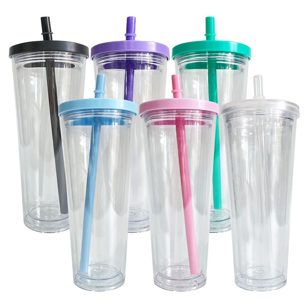 24oz Acrylic Boba Bubble Snow Globe Leak Tumbler w/Color Lid and Straw (Style 2)