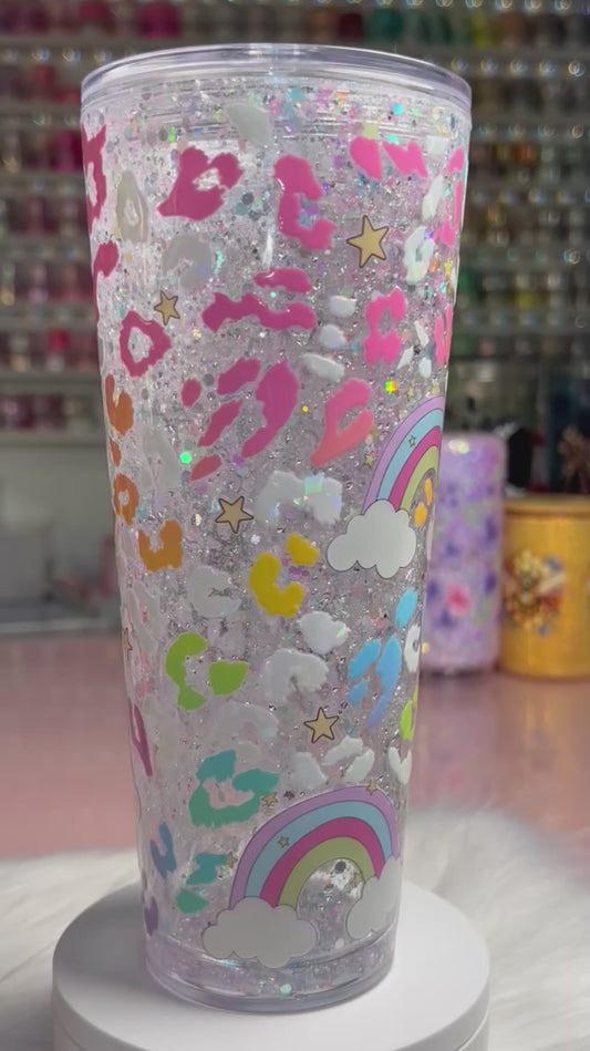 24 oz Acrylic Double-Wall Snow Globe Tumbler - Rainbow Leopard (water-fall)