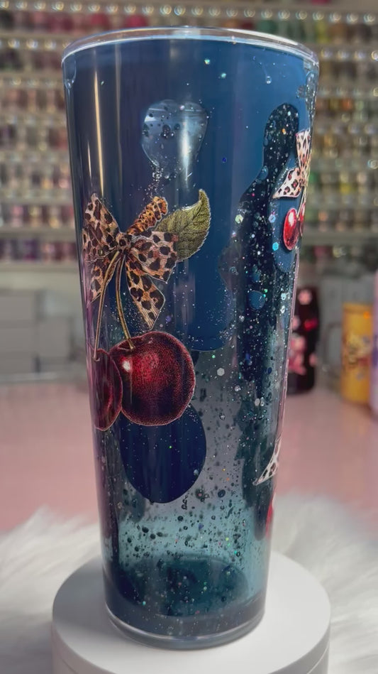 24 oz Acrylic Double-Wall Snow Globe Tumbler — Blue Cherries